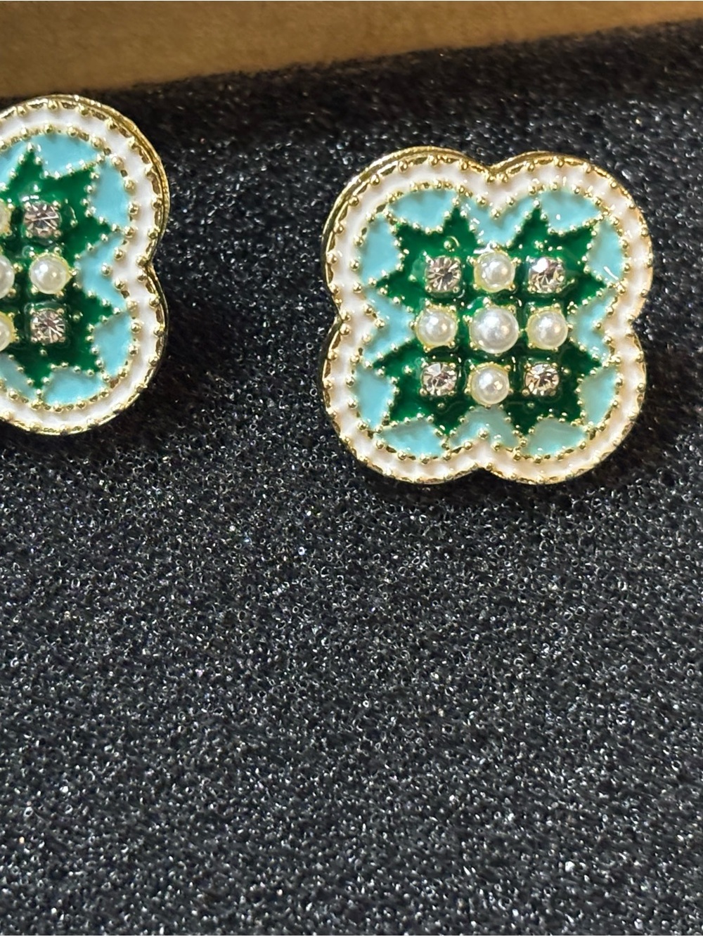 Gold-Trim Green & White Enamel Floral Stud Earrings